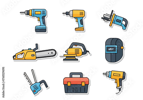 Cartoon tools two drills a saw a chainsaw a sander welding mask trimmers a toolbox and a final drill