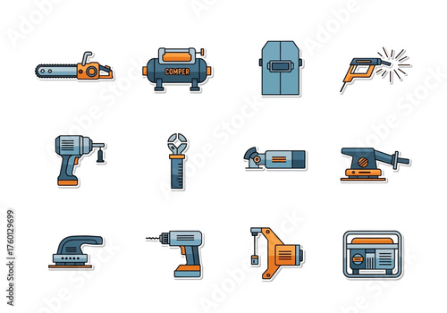 Cartoonstyle construction tools arranged in a grid pattern on a white background