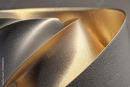 Abstract close-up of gold and silver metallic folded fabric texture with smooth curves and luxury design aesthetic.