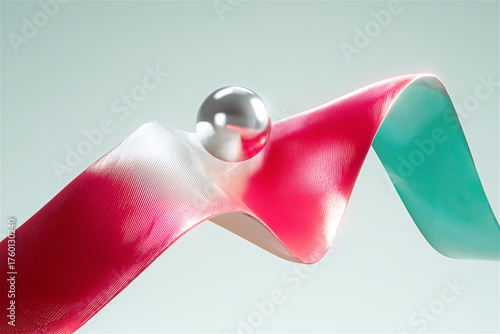 Abstract macro of metallic sphere balanced on pink and teal ribbon, symbolizing balance, minimalism, and creative design concept.