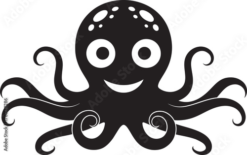 Black cartoon octopus with big eyes and smiling face isolated on a white background