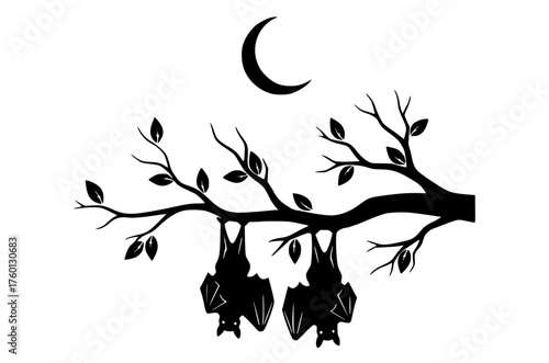  Bats Hanging Upside Down On A Branch - Dark Halloween Silhouette Vector