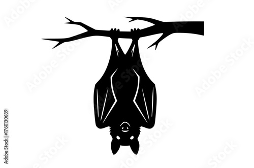 Bats Hanging Upside Down From Branch - Clean Black Vector For Design