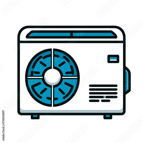 A stylized vector icon of an outdoor air conditioning condenser unit with a blue fan, isolated on a white background.