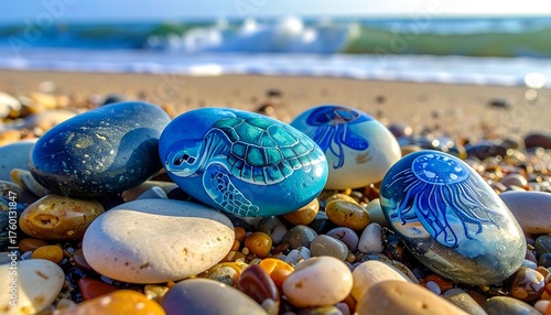 Painted rocks featuring ocean creatures resting on a sandy shore