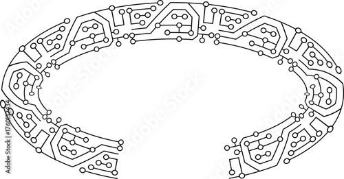 Oval electronic circuit frame with one open side and continuous connecting pathways.