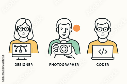Diverse creative professionals designer photographer and coder representing different career paths
