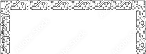 Rectangular electronic circuit outline with one open edge displaying connected linear traces.