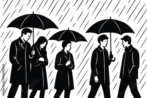 Silhouettes of people walking under umbrellas in the pouring rain a monochrome illustration of a gloomy day