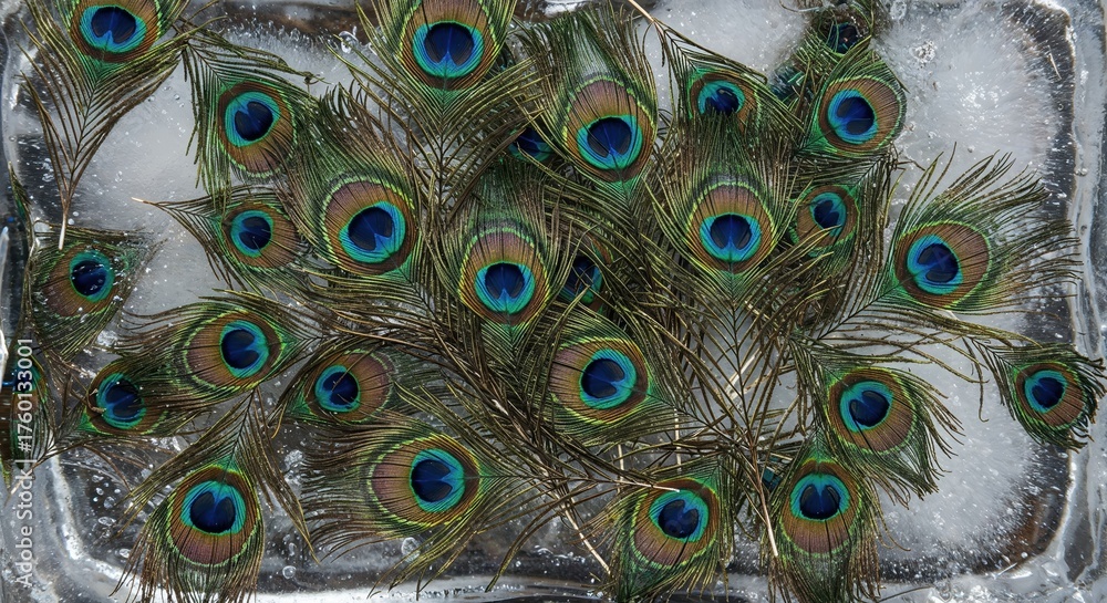 Obraz premium A close-up view of vibrant peacock feathers with iridescent blue and green eyespots arranged on a frosty bed of clear ice, showcasing intricate patterns and cool tones.