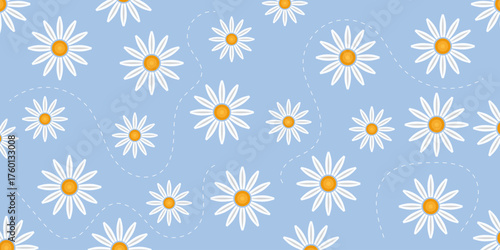 White daisies on a light blue background seamless pattern.
