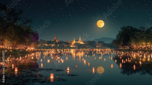 Loi Krathong Festival Night: Traditional Thai Lanterns Floating on Water with Temple Reflections and Sky Lanterns in the Background.