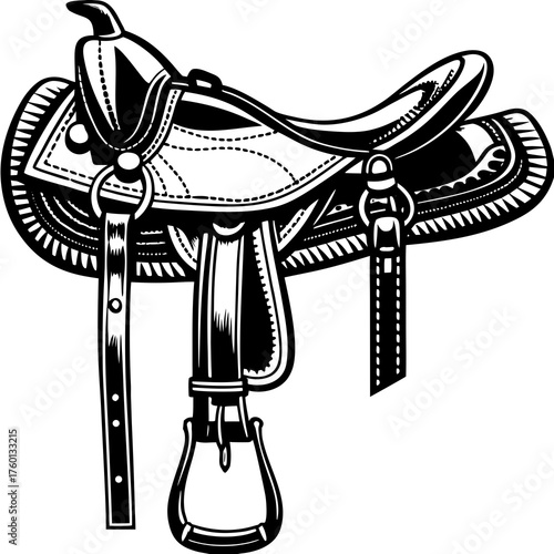 Saddle Illustration: A detailed monochrome illustration showcases a classic saddle, designed for horseback riding, the artistry and craftsmanship.