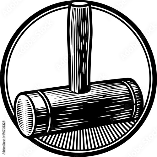 The Mallet's Emblem: A detailed monochrome illustration of a mallet within a circular frame, symbolizing precision and craftsmanship.