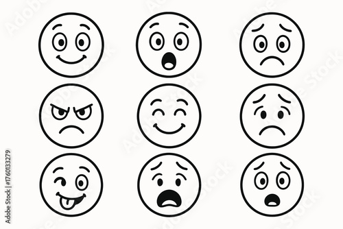 Collection of hand drawn emoticons expressing various emotions and feelings in a grid layout