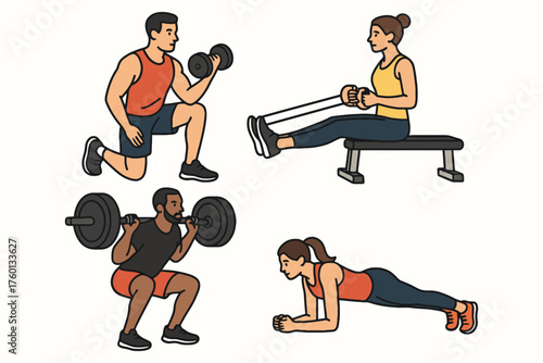 Diverse group of people performing different strength training exercises in a gym setting