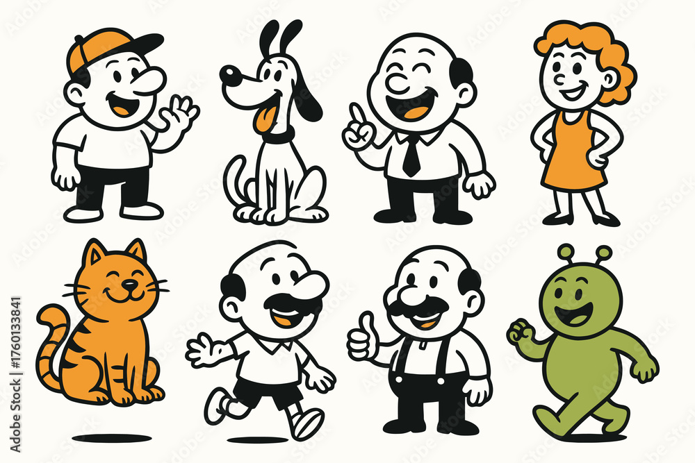Fototapeta premium Collection of cartoon characters including people pets and an alien in a playful retro style