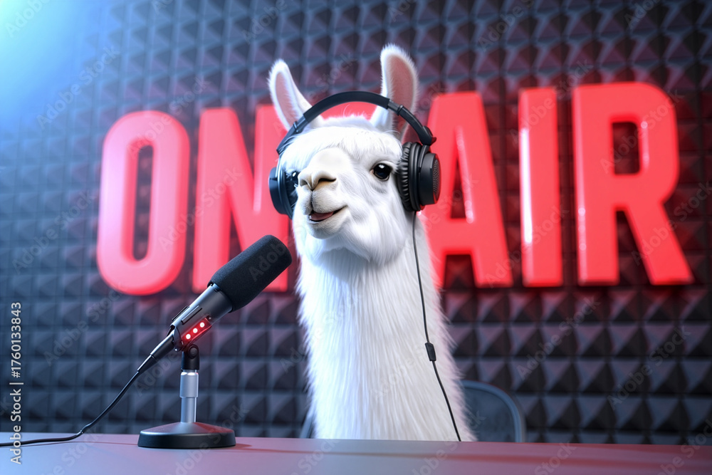 Fototapeta premium A friendly llama wearing headphones and speaking into a microphone in a radio studio with an 'ON AIR' sign