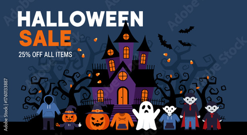 Halloween sale banner 25 off promotion with spooky house and cartoon characters