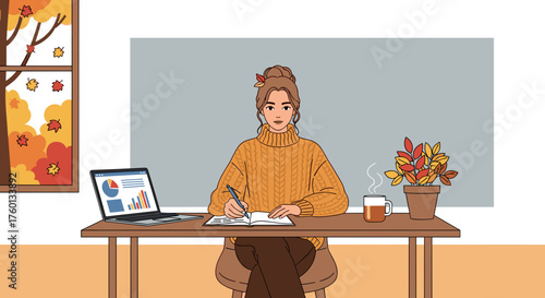 Woman writing and working remotely in cozy autumn setting Laptop and hot tea