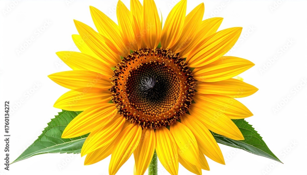 Fototapeta premium Sunflower close-up on white background. Floral botanical image for agriculture use