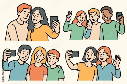 Diverse group of young friends taking cheerful selfies together in a fun illustration style