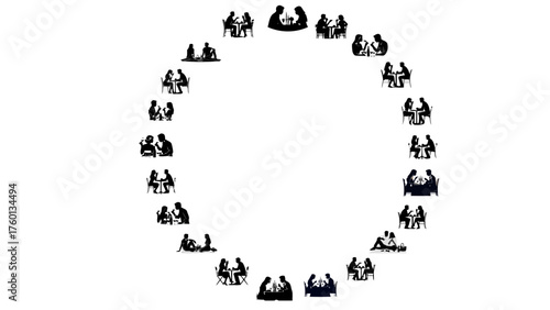 Circular Pattern of Romantic Dating Silhouettes: Couples at Tables and Picnics, Speed Dating Arrangement, Search for Love Concept, Relationships Timeline, Event Banner Design.