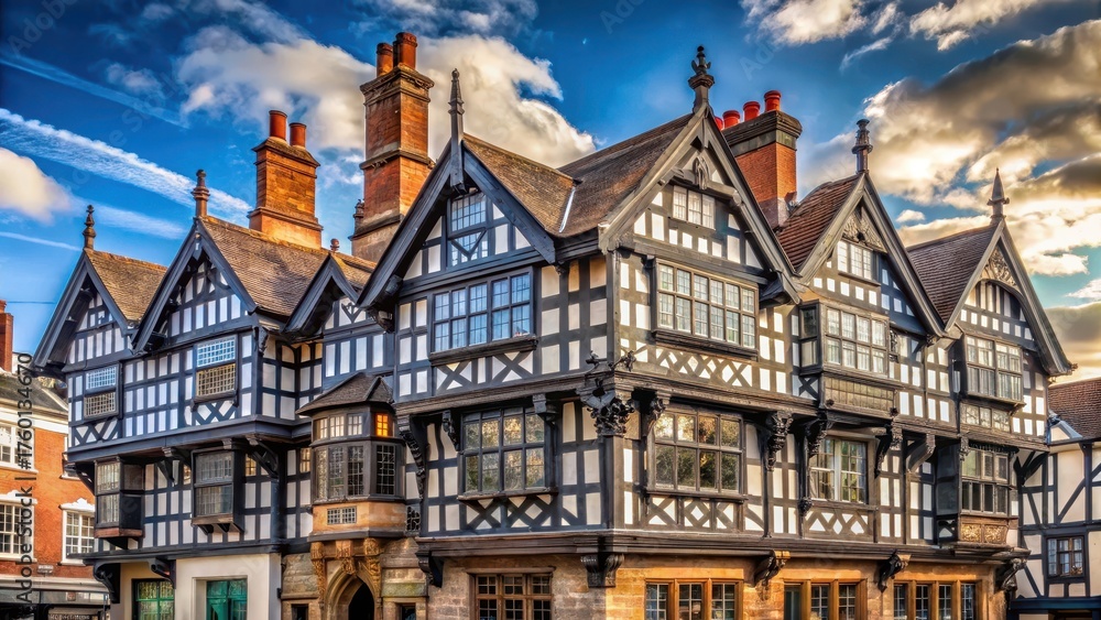 Obraz premium Medieval half-timbered house in Chester city center with a stone fa?ade and ornate chimneys