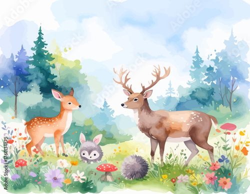 Cute Watercolor Woodland Animals Illustration - Deer, Fawn, Rabbit, Hedgehog in Forest
