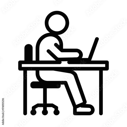 Minimalistic black-and-white pictogram of a person using a laptop, clean vector lines, white background, flat modern design.
