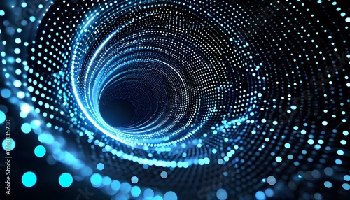 Abstract blue light tunnel with glowing dots creating a futuristic digital pathway.