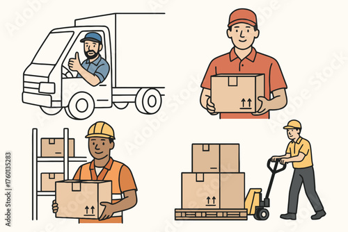 Delivery workers in action with trucks boxes and warehouse settings for logistics and shipping services