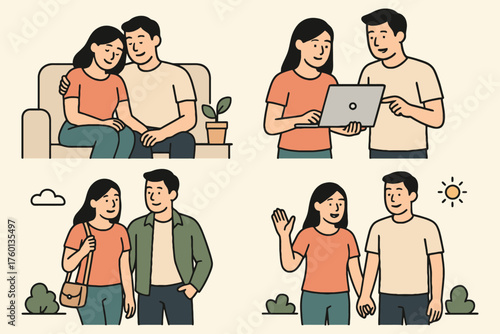 A diverse set of illustrations depicting a young couple in various everyday activities and interactions
