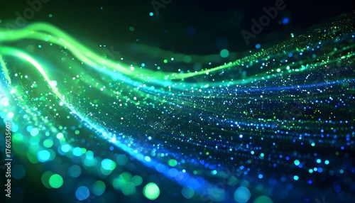 Abstract digital art with flowing lines of green and blue light and bokeh effects against a dark background.
