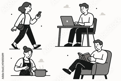 Diverse people engaged in everyday activities like walking working cooking and reading in a simple illustration style