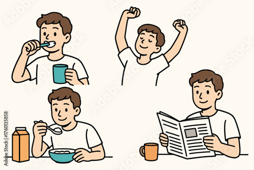 Young man performing daily morning routine activities like brushing teeth eating breakfast and reading newspaper