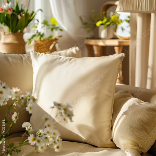Blank throw pillow on couch, bright living room decorated with flowers and spring sunlight, lifestyle home decor mockup.
