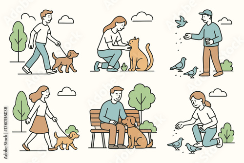 Collection of six hand drawn illustrations depicting people interacting with animals outdoors