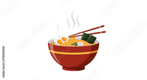 Bowl of Ramen with Egg Seaweed and Chopsticks.