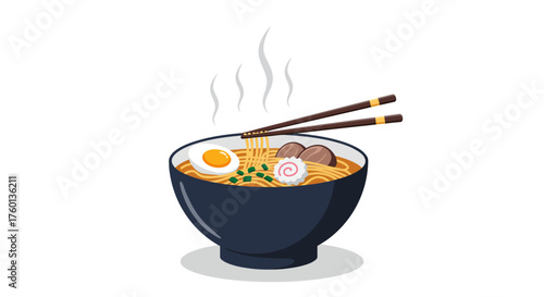 Steaming bowl of delicious traditional Japanese ramen noodle soup.