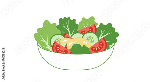 Fresh green vegetable salad in a white bowl illustration.