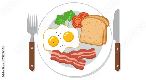 Breakfast Plate with Eggs Bacon Toast and Vegetables Illustration.