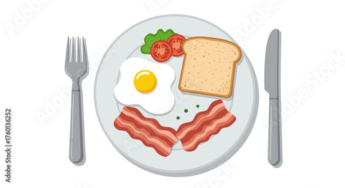 Delicious breakfast plate with fried egg bacon toast and fresh berries.