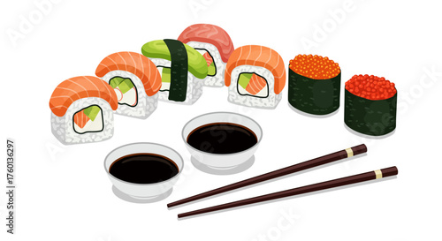 Delicious sushi rolls with soy sauce and chopsticks ready to eat.