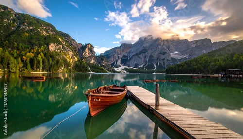 Serene lake landscape featuring a boat, dock, mountains and clouds