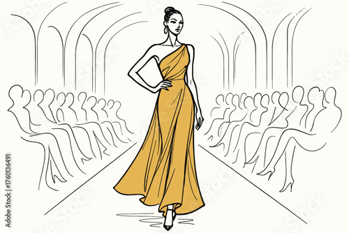 Elegant fashion model struts down runway in flowing yellow gown during fashion show