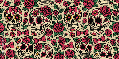 Bright vector seamless pattern with sugar skulls surrounded with flowers and bows. Mexican Day of the Dead