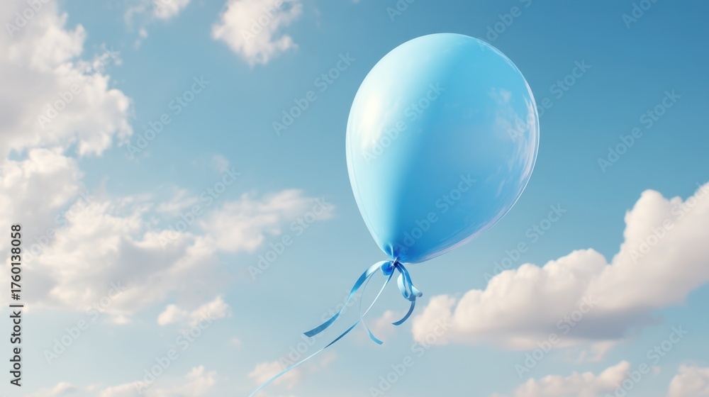 Obraz premium A Single Blue Balloon Floating Peacefully in a Clear Sky with Soft White Clouds on a Bright Day, Symbolizing Freedom, Joy, and Childlike Wonder
