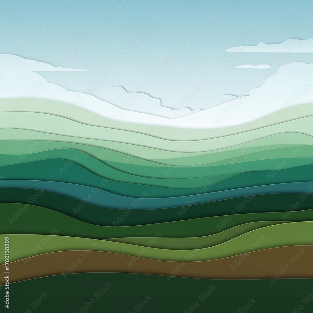 Fototapeta premium Stylized rolling green hills in a layered abstract landscape.