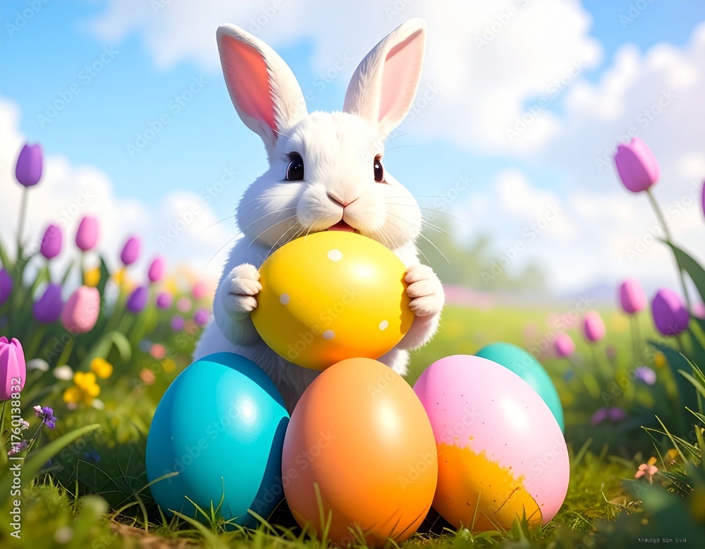 Fototapeta premium Playful white Easter bunny holding a bright yellow egg surrounded by colorful Easter eggs and tulips in a sunny spring meadow, representing joy, celebration, and the cheerful spirit of Easter.